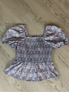 J. Crew Smocked Floral Puff-Sleeve Peplum Top in Multi-Color